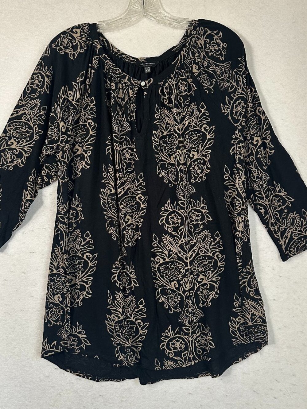 Lucky Brand 1X Black Tan Floral Boho Peasant‎ Top 3/4 Sleeve Scoop Neck Tunic